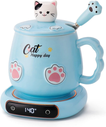 Coffee Mug Warmer & Cute Cat Mug Set, Beverage Cup Warmer for Desk Home Office with Three Temperature up to 140℉/ 60℃, Coffee Warmer for Cocoa Milk Tea Water Candle, 8 Hours Auto Shut Off