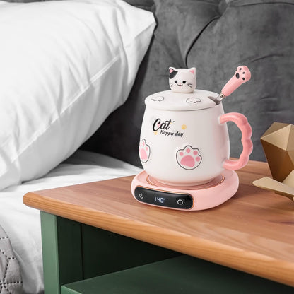 Coffee Mug Warmer & Cute Cat Mug Set, Beverage Cup Warmer for Desk Home Office with Three Temperature up to 140℉/ 60℃, Coffee Warmer for Cocoa Milk Tea Water Candle, 8 Hours Auto Shut Off