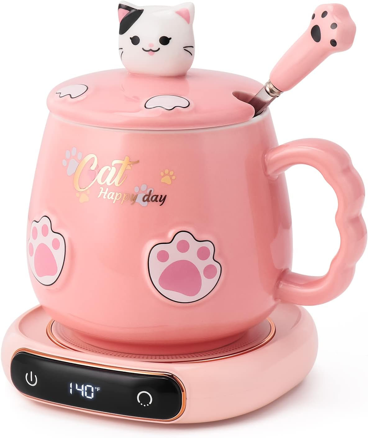 Coffee Mug Warmer & Cute Cat Mug Set, Beverage Cup Warmer for Desk Home Office with Three Temperature up to 140℉/ 60℃, Coffee Warmer for Cocoa Milk Tea Water Candle, 8 Hours Auto Shut Off